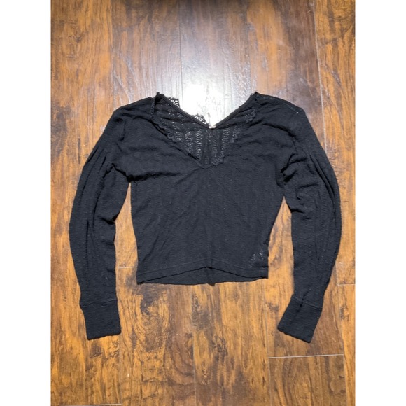 Free People Tops - Free People Three People Black Lace Trim V-Neck Long Sleeve Knit Top Medium